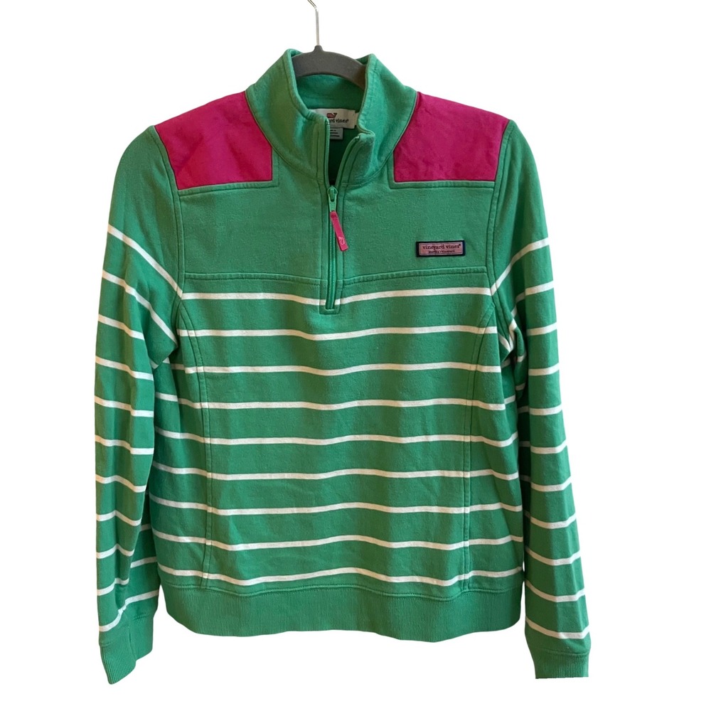 Vineyard Vines Shep Shirt Pullover Women S Green Pink Striped Preppy Quarter Zip